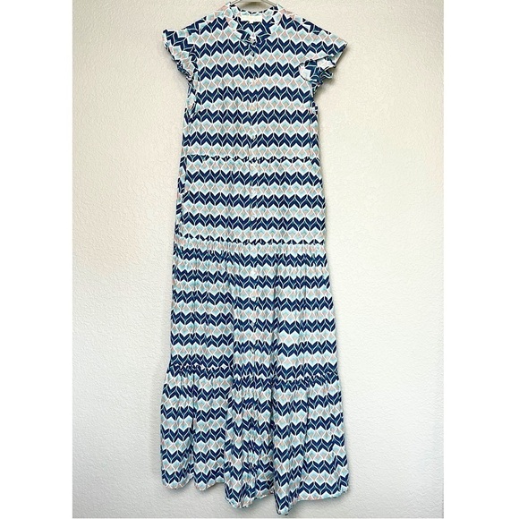 PALOMA BLUE Silk Cotton Flutter Sleeve Button‎ Front Tiered Ruffle Maxi Dress L - Picture 3 of 7